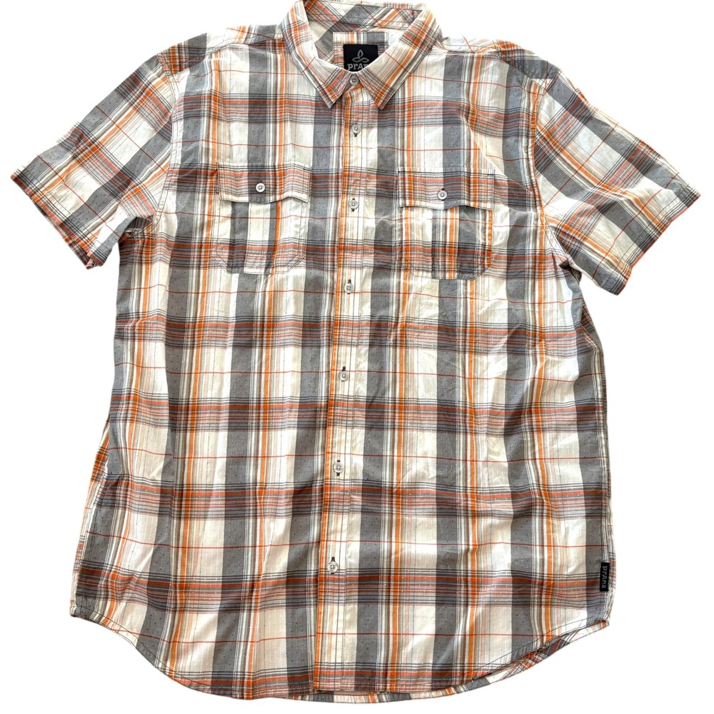Prana Mens XL Short Sleeve Button Down Shirt Orange Grey Plaid Gorpcore Outdoors